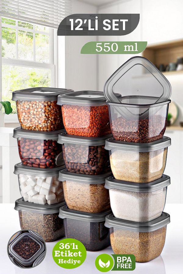 MYBOX-Set of 12 Square Food Storage Containers with Labels - Seasoning Storage Box with Leak Proof Lid 550 ml 1