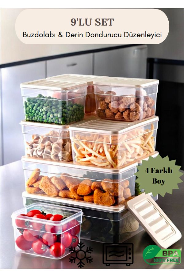 Flash Bazaar-9 Pieces of Storage Containers Suitable for Microwave and Freezer - 1X5300Ml 2X2500Ml 2X2470Ml 4X1100Ml Cream Lid 1