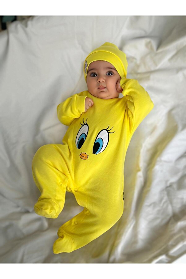 Minizade Tweety desenli %100 Pamuk Şapkalı Unisex Tulum Set
