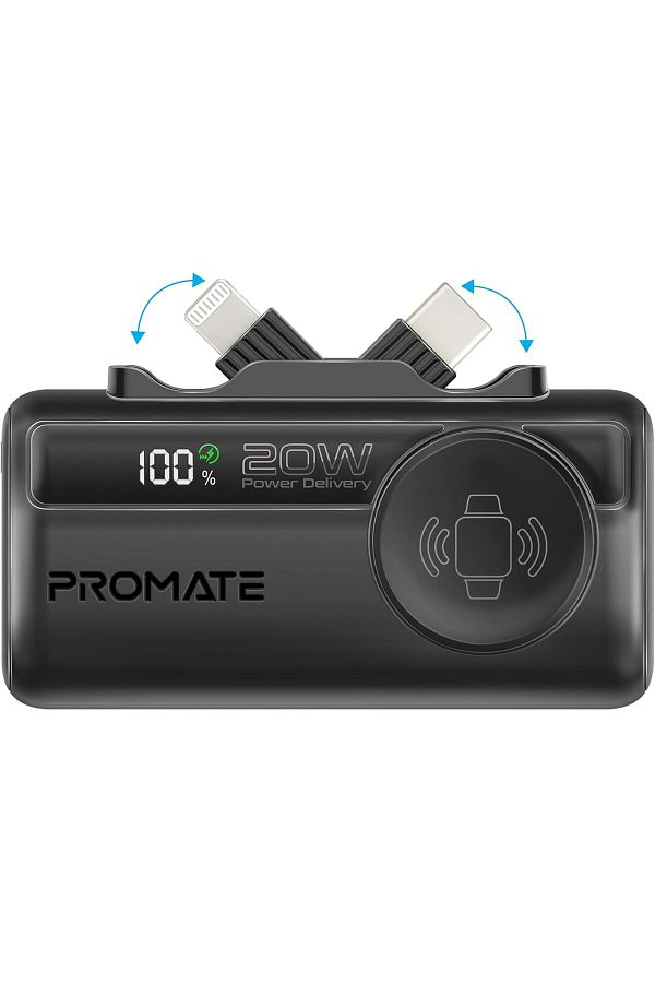 Promate-بنك طاقة صغير 3 في 1، 5000 مللي أمبير/ساعة مع موصل USB-C™ داخلي/خارجي قابل للطي بقوة 20 وات، ومنفذ Lightning F بقوة 12 وات 1