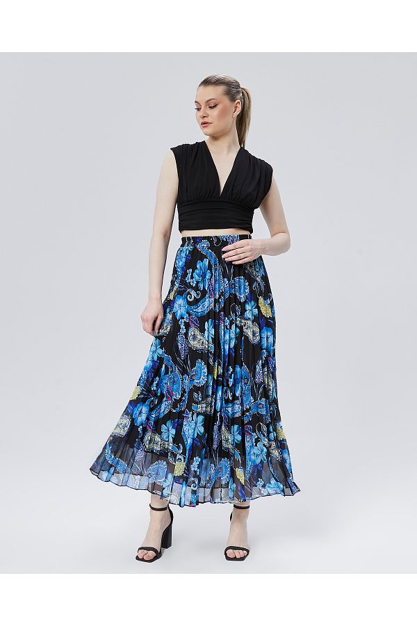 sehatex-Pleated Chiffon Skirt - Patterned, Elastic Waist and Lined Qys 1