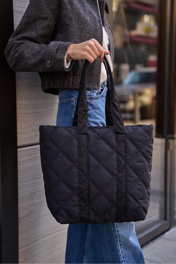 Madamra-Schwarze Pufftasche für Damen mit Steppmuster 1