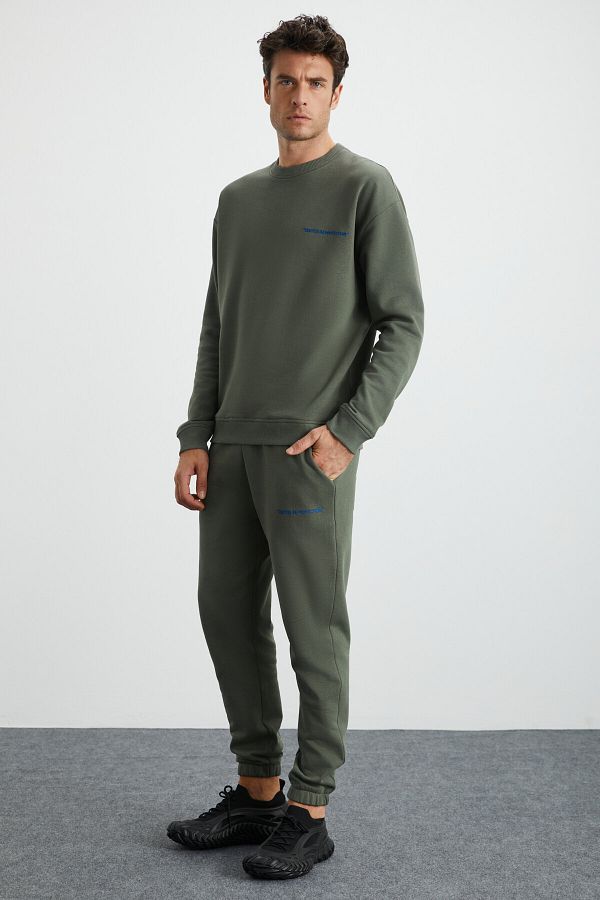GRIMELANGE-Marshall Herren-Trainingsanzug-Set aus Baumwolle, Fleece-Innenseite, bestickt, Relaxed Khaki 1