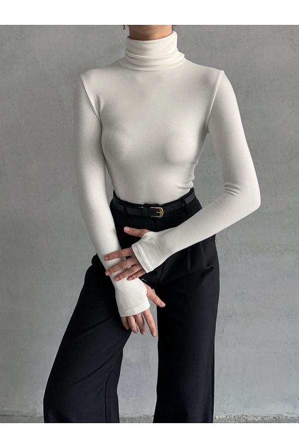 BEJNA-Women's Finger Detailed Turtleneck Soft Blouse 1