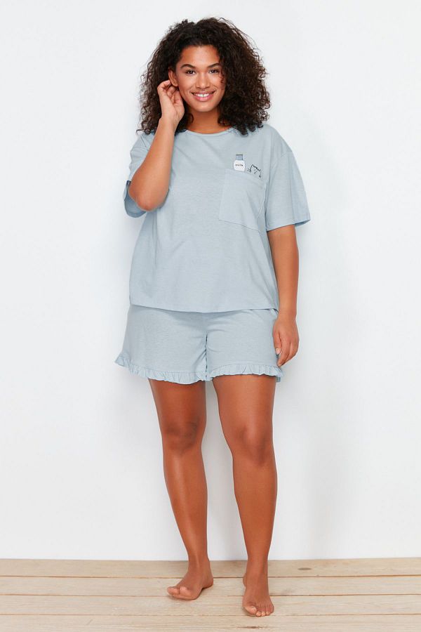 Trendyol Curve-Set pijamale tricotate cu imprimeu pisică albastru deschis TBBSS24AI00035 1