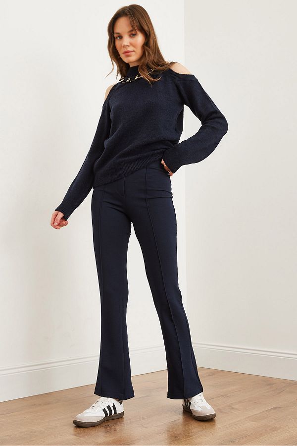 Olalook-Pantaloni elastici cu cusătură în față, albastru bleumarin, cu un singur nasture PNT- 19000310 1