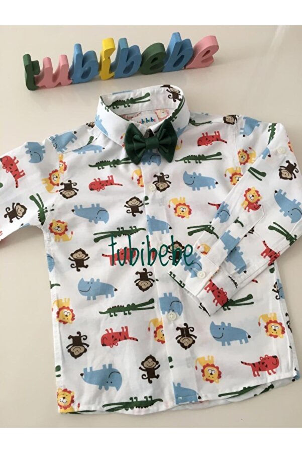 tubibebe Safari Konsept Gömlek Haki Yeşil Papyon - Çocuk Gömlek - Erkek Bebek