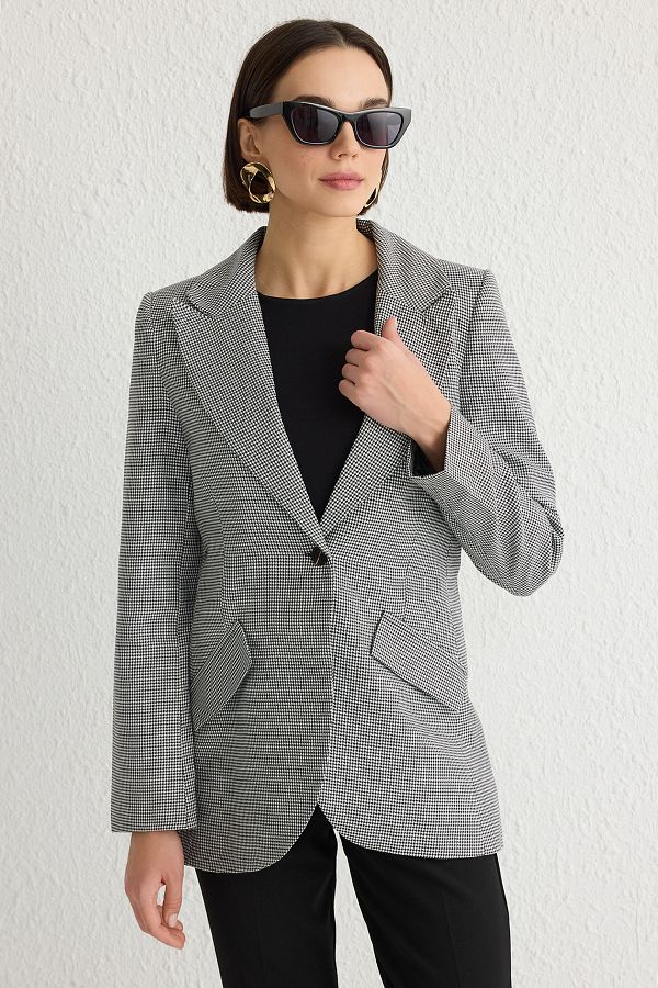 Trendyol Collection-Black Houndstooth Pattern Polyviscose Blazer Jacket Twoss25Bc00013 1