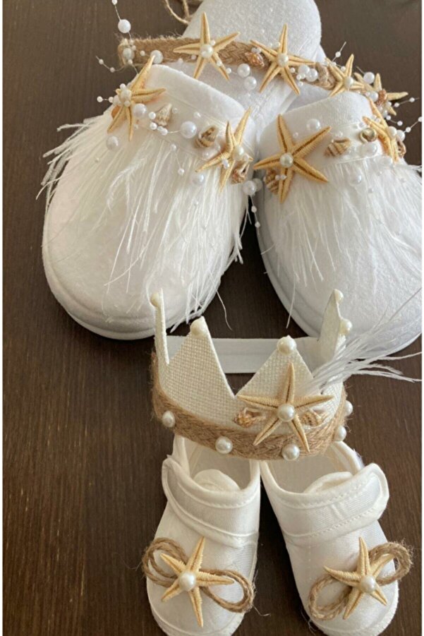 Elzem Tasarım Hediyelik Deniz Yıldızı Anne Taç Terlik Erkek Bebek Prens Taç Lohusa Seti