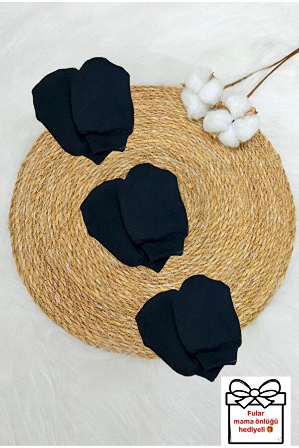 Lumos Trade Unisex Bebek Yenidoğan Penye Organik Pamuklu Bebek Eldiveni 3 Çift Set - Siyah