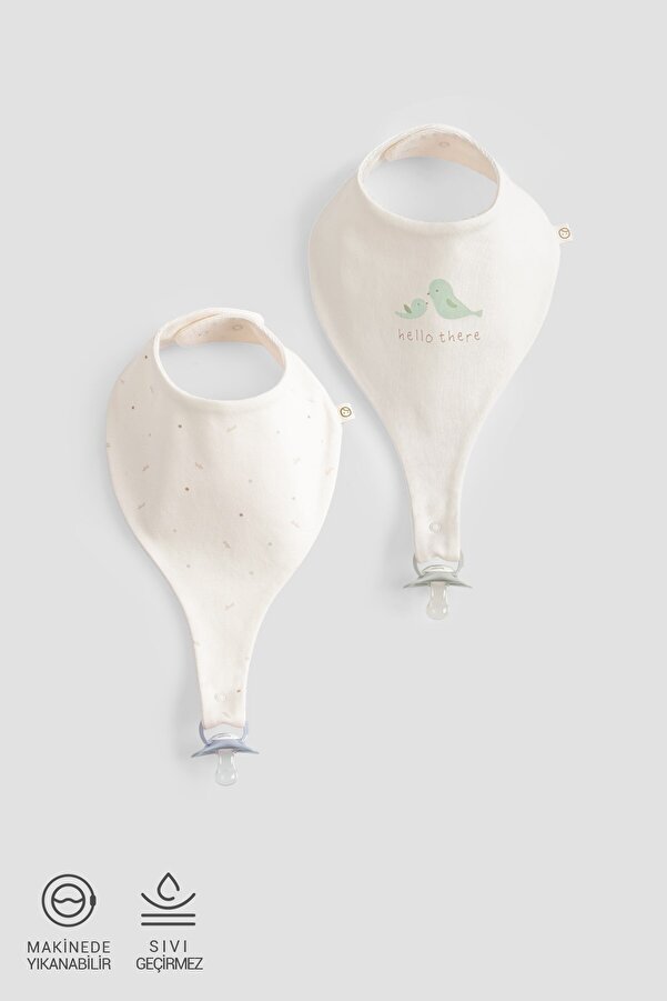 Little Gusto 2'li Organik Pamuk Sıvı Geçirmez Twig Ekru Emzik Tutucu Önlük Seti