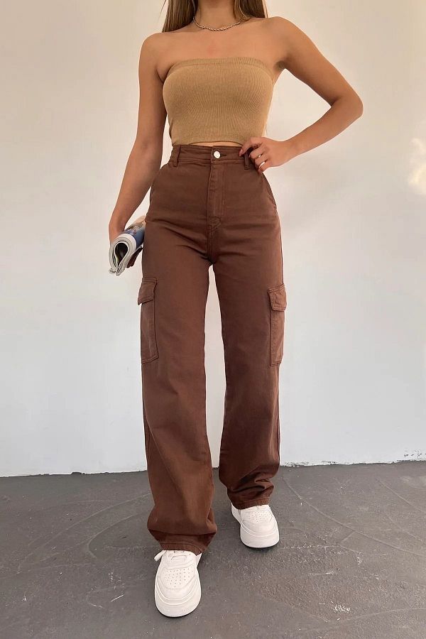 DRC trend-Olinn Women's High Waist Brown Cargo Pocket Back Pocketless Extra High Waist Palazzo Jean Pants 1
