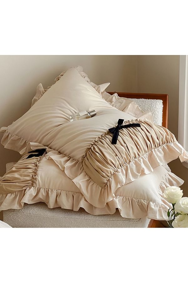 METİNEV-Beige Color Ruffle Pillow Case - Special Design, Drawstring and Set of Two 1