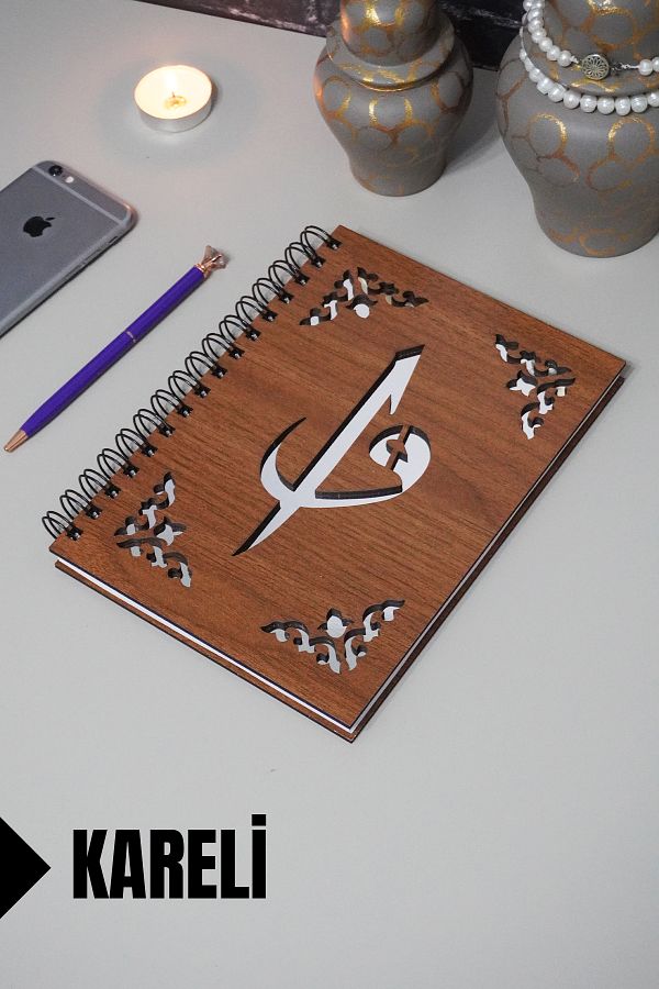 markcat-Elif Vav Patterned Checked Wooden Cover Notebook - Agenda and School Notebook (A5 - 120 Sheets) 1