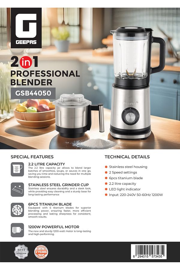Geepas-2-in-1 Professional Blender,2.2 Liter Transparent Jar and Stainless Steel Grinder Attachment 1