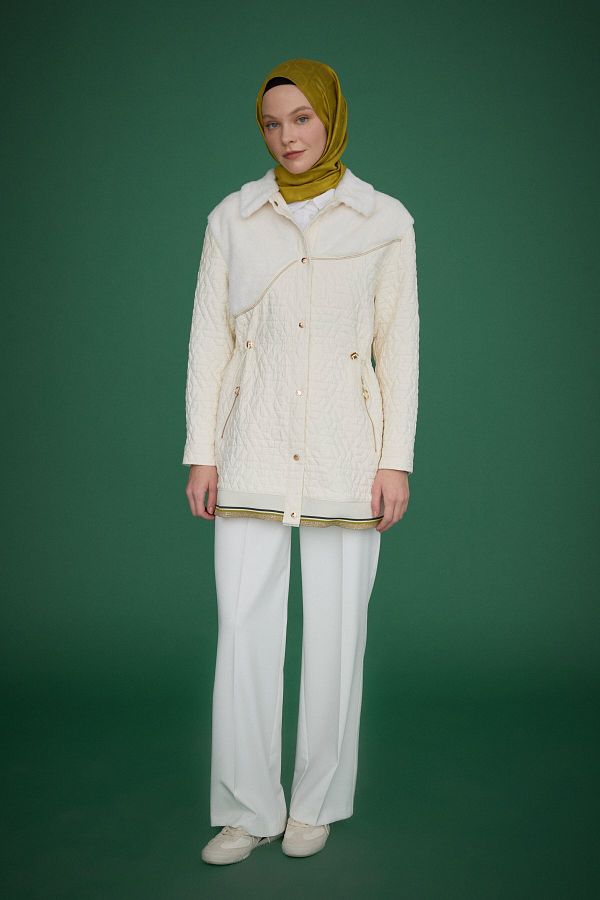 Nihan-Ecru Plush Detailed Thin Quilted Jacket - Drawstring Waist 1