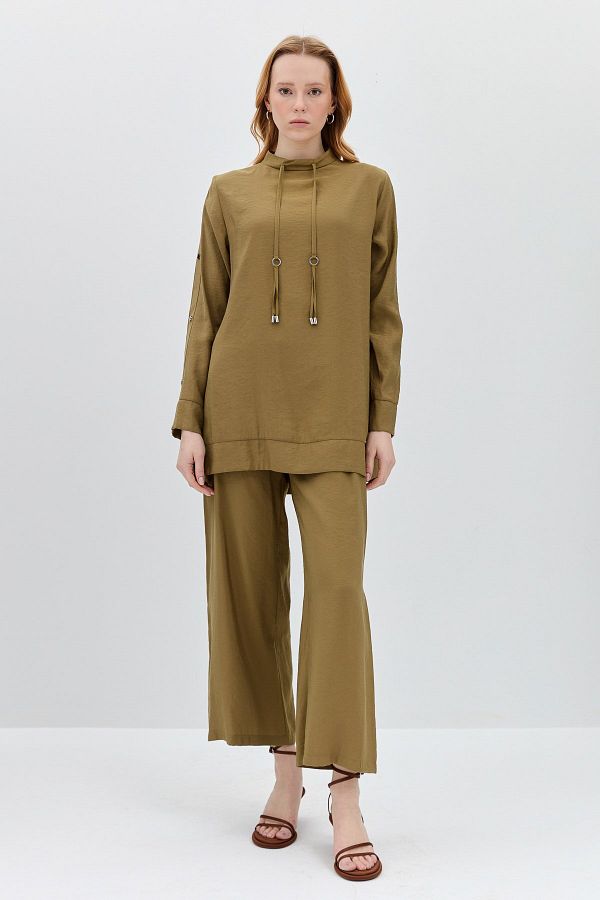 Nihan-Pants Tunic Set with Snap Detail on Sleeves Khaki 1