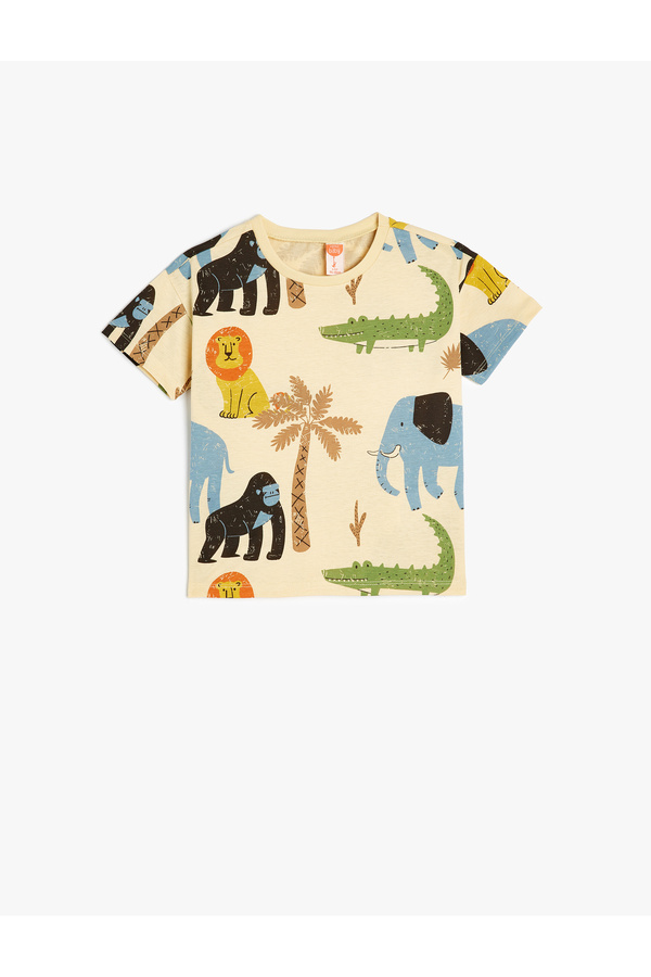 Koton Hayvan Baskılı Pamuklu Bisiklet Yaka Kısa Kollu Pamuklu Tişört