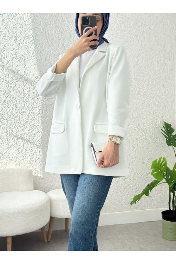 Modamorfo-White Single Button Lycra Jacket - Pockets 1