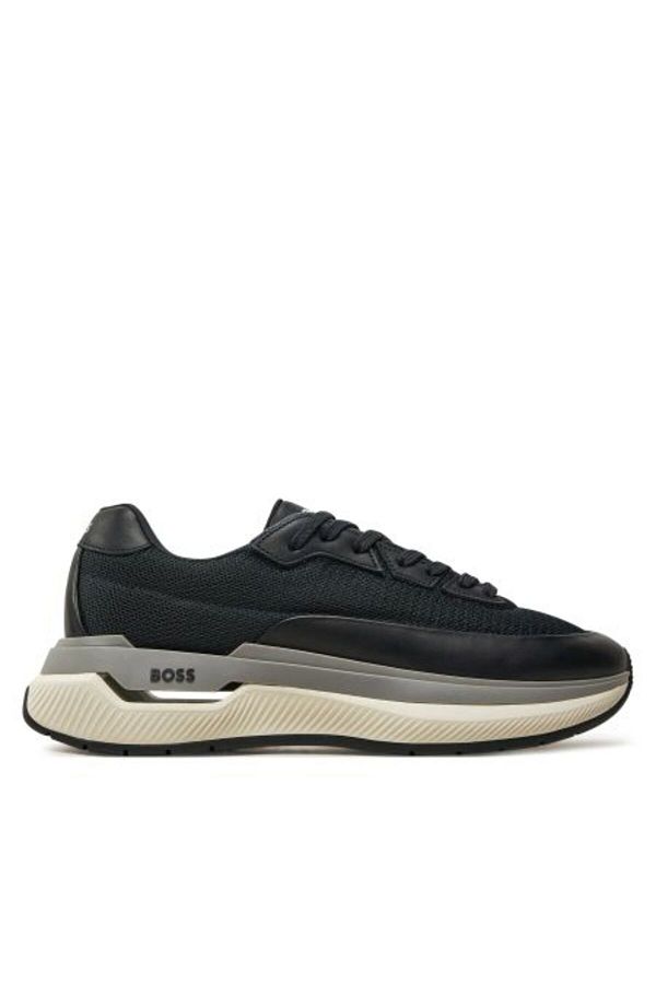 スニーカー BOSS Men Sneakers Black 1 50536504 001 BOSS - Coated-leather trainers with gold-tone logo - Black