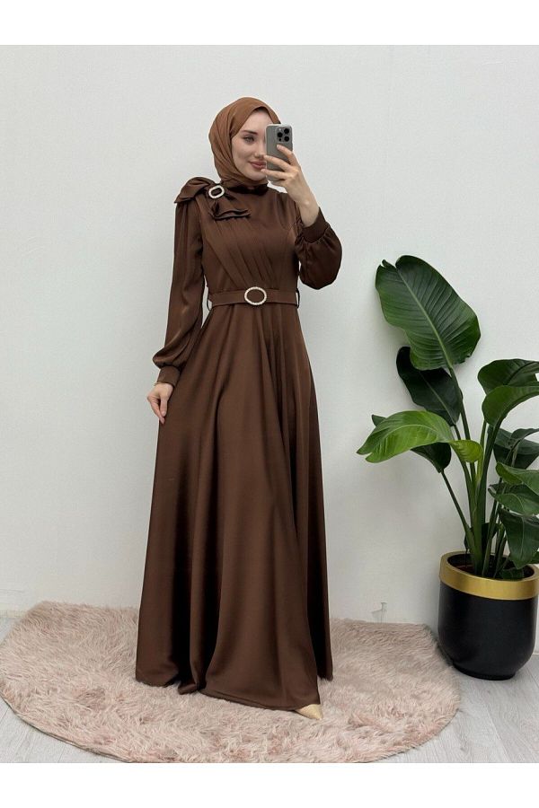 Modamorfo-Satin Evening Dress with Brooch and Bow and Stone Belt -Brown 1