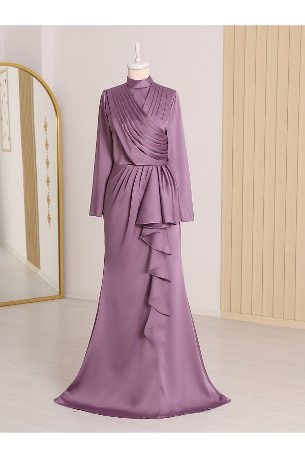 Modamorfo-Abendkleid aus Satin mit gerüschtem Saum und drapierter Vorderseite 1