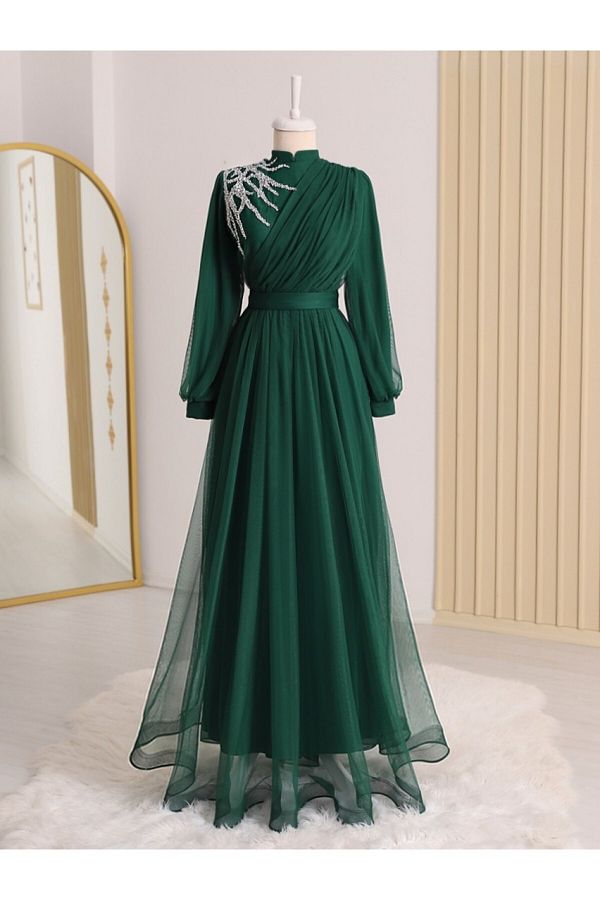 Modamorfo-Drapiertes Tüll-Abendkleid mit Gürtel und Steindetail auf der Vorderseite 1
