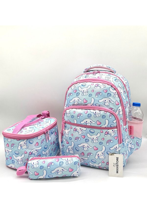 ms mixxstore Girl's First School Backpack with Character Pattern and Blue Color Foil Nutrition and Pen Holder