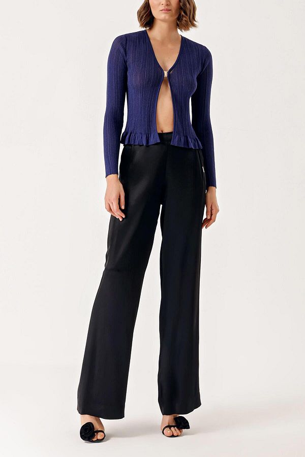 SOCIETA-Navy Blue Short Slim Glossy Drawstring Knitted Cardigan 28877 1