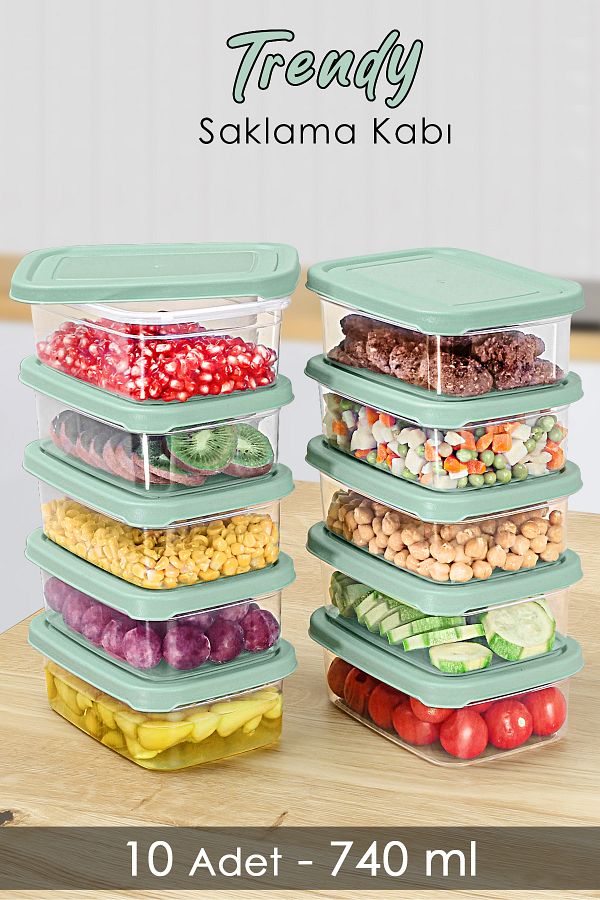 Meleni Home-10 Pieces 740ml Green Rectangular Food Storage Container Organizer Suitable for Microwave 1