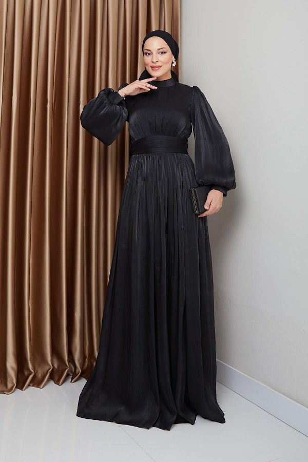 Olcay-Hijab-Abendkleid aus Seide – Yoryo, Taillengürtel und Kordelzug-Detail, SCHWARZ 1225 1