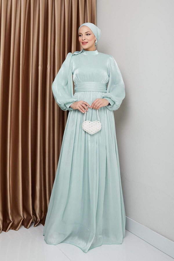 Olcay-Hijab-Abendkleid aus Seide – mit Schärpe und Kordelzug, Yoryo MINT 1225 1