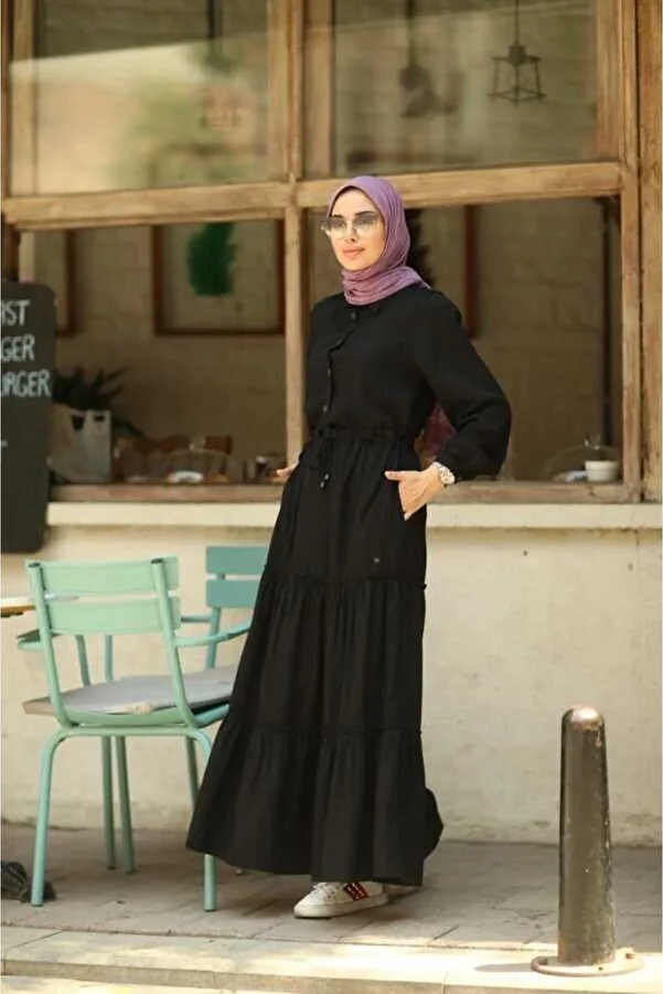 Neways-6559-Black Denim Gathered System Dress 1