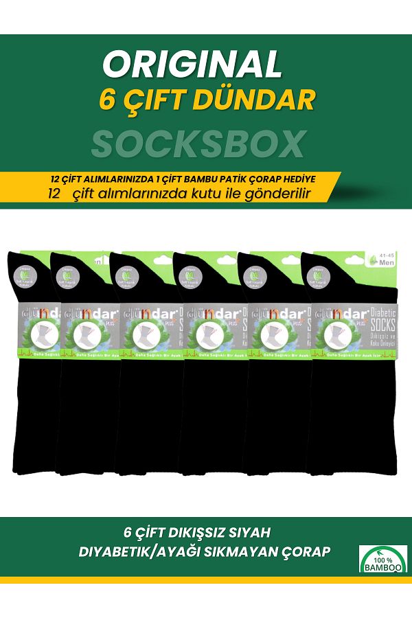 socksbox-6 Pairs Bamboo Seamless Black Diabetic Socks/Dündar Socks Series/40-44 1