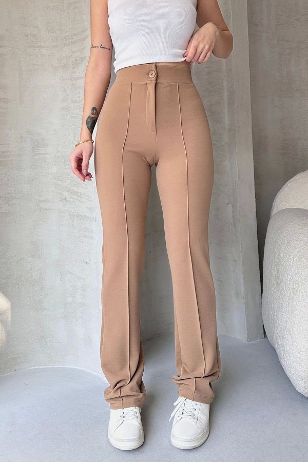 NO979-Women's Beige High Waist Slim-fit Flare Leg Palazzo Pants 1