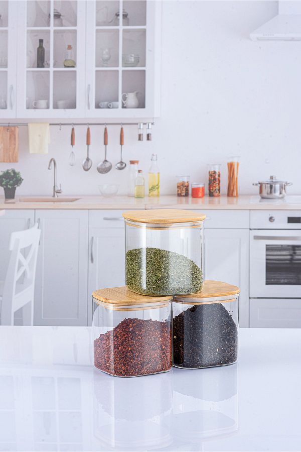 Lizzy-3 Pieces 350 ml Square Luxury Spice Set with Bamboo Lid 1