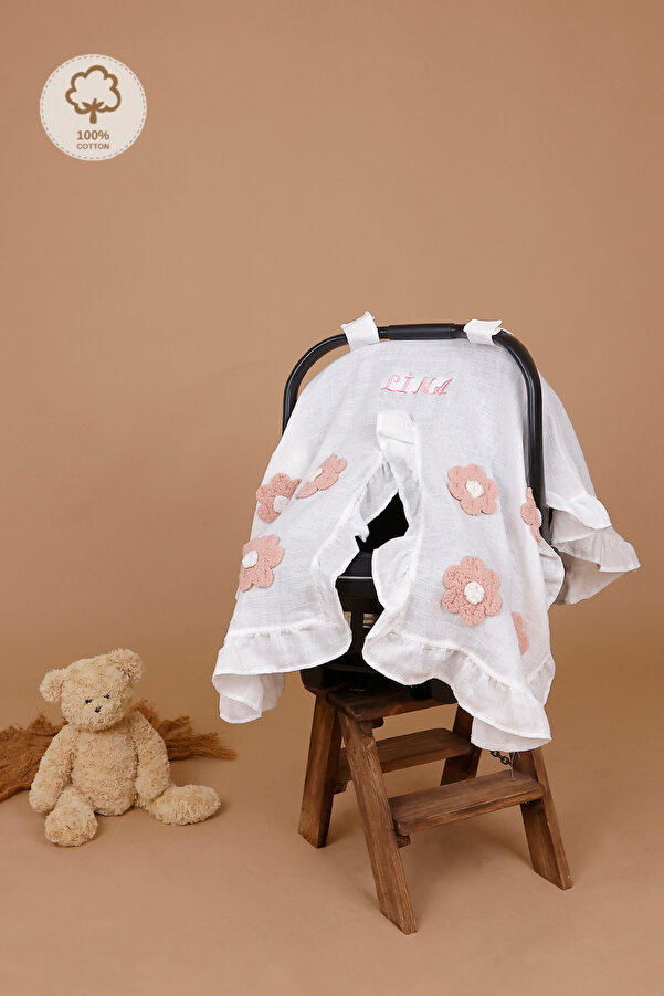 JUNİPERUS Kişiye Özel Nakışlı Fırfırlı Müslin Puset Örtüsü İsime Özel Anakucağı Örtüsü Oeko-Tex Sertifikalı