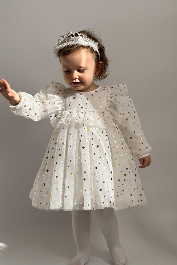 ALYRA Kız Bebek Çocuk Yıldızlı Tüllü Uzun Kollu Penye Astarlı Doğum Günü Özel Gün Parti Bayramlık Elbise