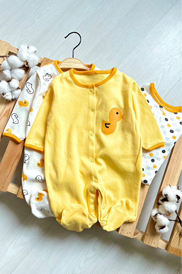 Bamoola %100 Pamuklu Civciv Desenli 3'lü Patikli Tulum (KIZ - ERKEK - YENİDOĞAN)