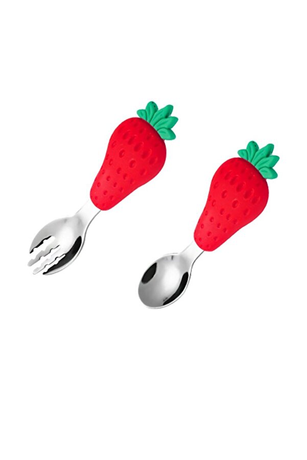 Chavin 304 Çelik Kırmızı Çilek Model Bebek Kaşık ve Çatal Set cin934kr