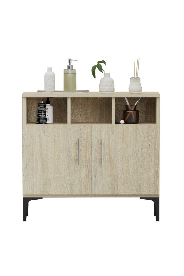 Mahmayi-Medium Height Cabinet with 2 Door Storage and 3 Open Shelf-Grey Bardolino Oak 1