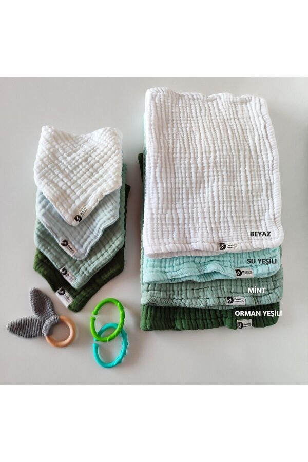 destinyhometex %100 Pamuklu 8 Kat Muslin Kumaş Üç Çıtçıtlı 4'lü Bebek Mama Önlüğü Ve Gaz Çıkarma Omuz Örtüsü Set