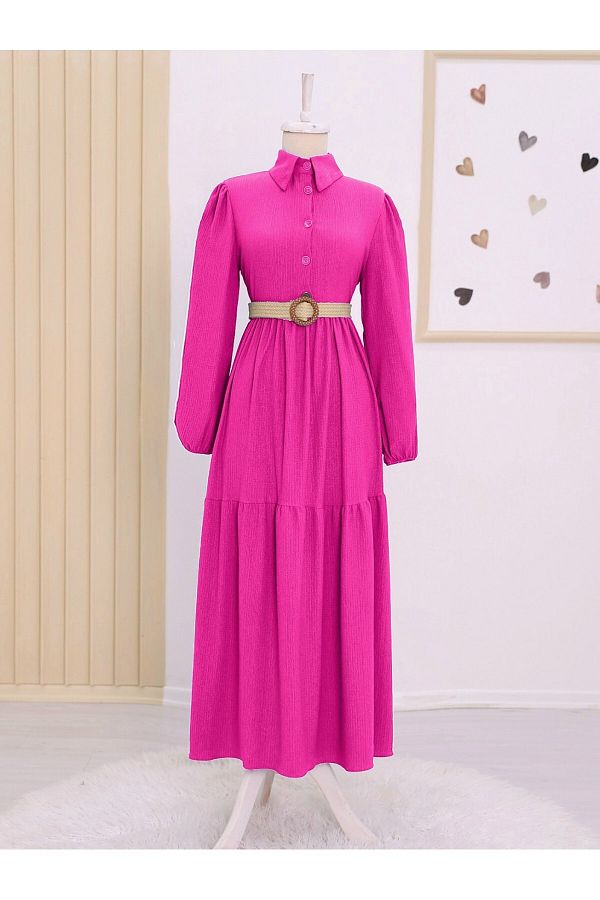 Modamorfo-Fragmentiertes Crinkle-Kleid mit halbem Knopf und Gürtel – Fuchsia 1