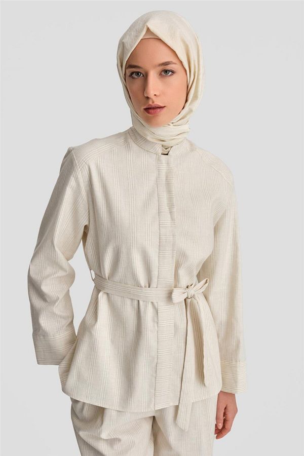 Armine-طقم قطن مخطط سميك باللون البيج الفاتح - 24k6853 1