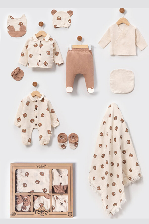 Cherub Baby Erkek Ayıcıklı Bebly Müslin Erkek Bebek Yenidoğan 10 Parça Hastane Çıkışı Zıbın Seti