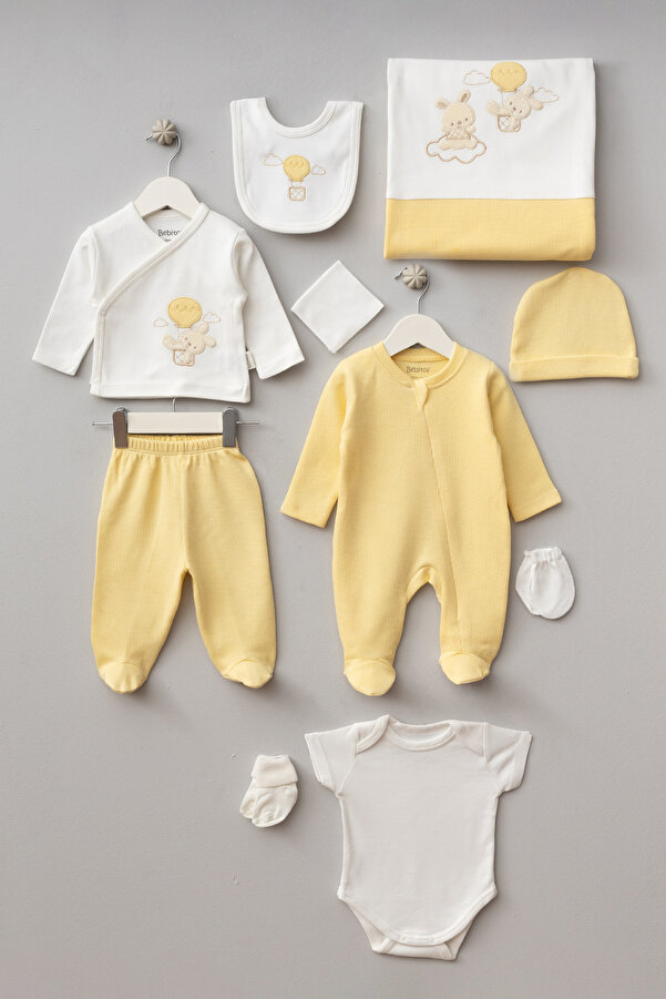 Bebitof Balonlu Tavşan Desenli 10 Parça Kutulu Yenidoğan Hastane Çıkışı Zıbın Seti