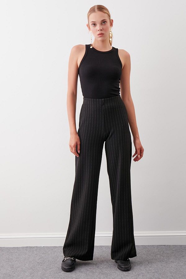 Vitrin-Striped Trousers with Side Zipper and Elastic Waist 1