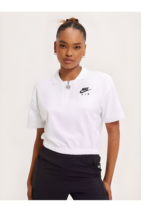 Nike-Sportswear Air Pique Polo Cropped Half-Zip Short-Sleeve White Women's T-Shirt 1