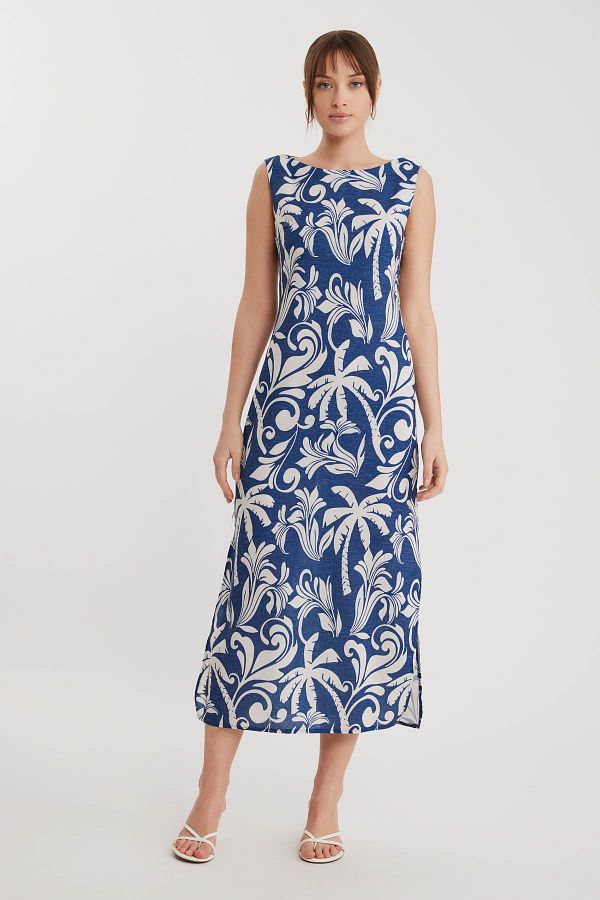 Vitrin-Palm Tree Pattern Long Dress with Side Slits 1