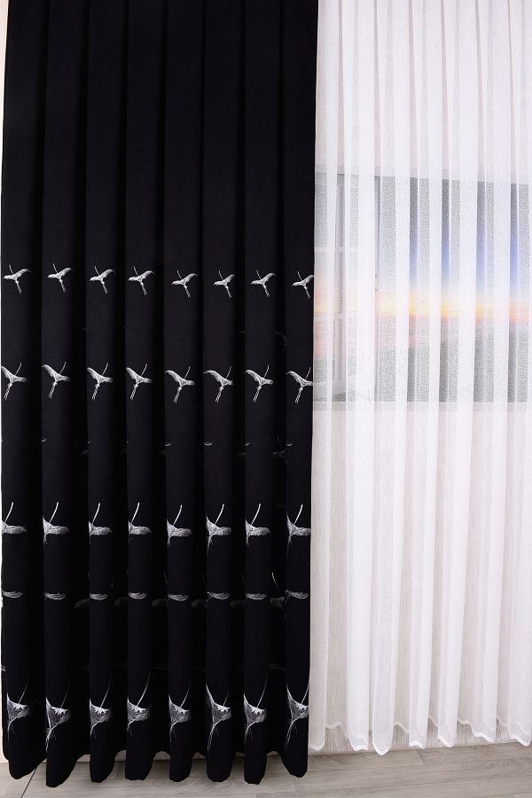Setekshome-Phoenix Embroidered Black Background Curtain Drawstring Pleat Free Single Wing 1